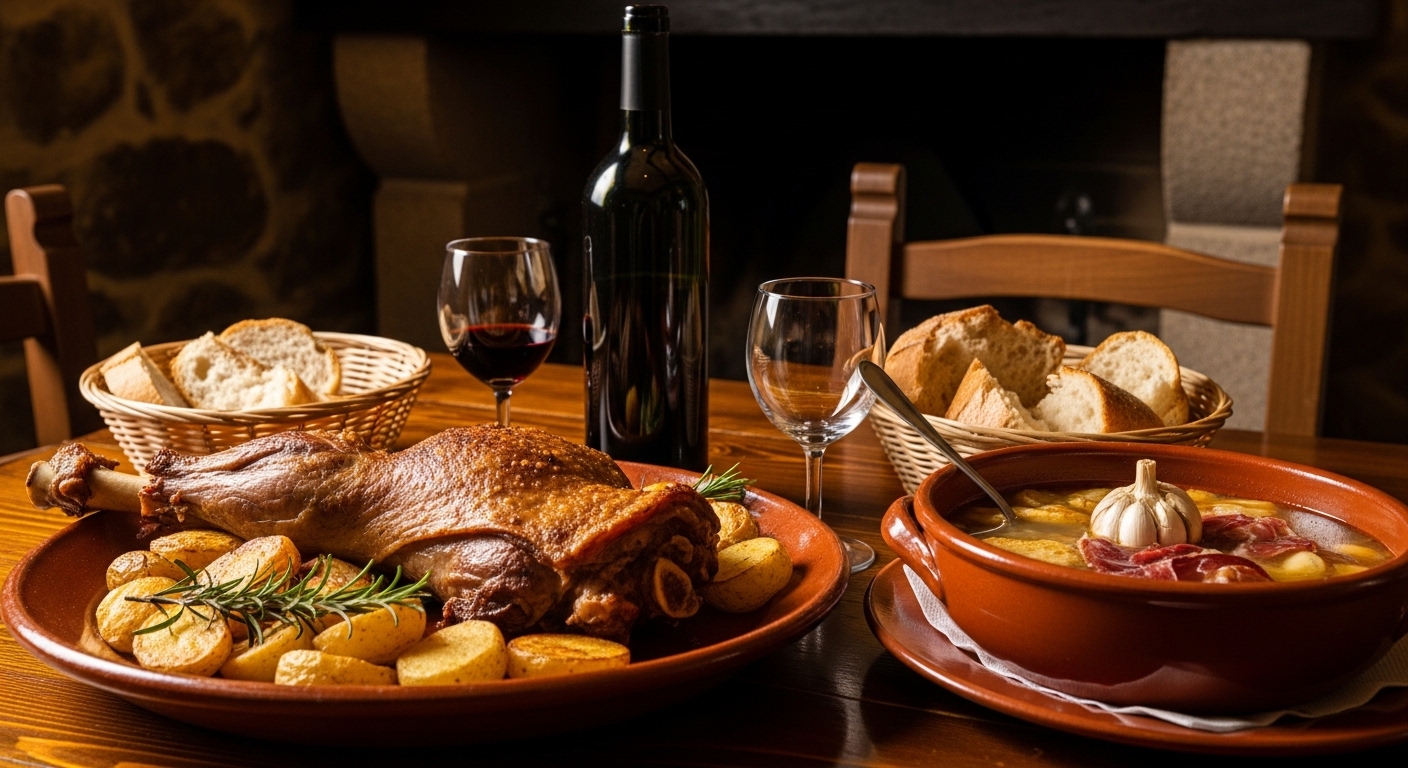 Menú del día castellano con cordero asado, sopa de ajo y vino en restaurante de Chinchón