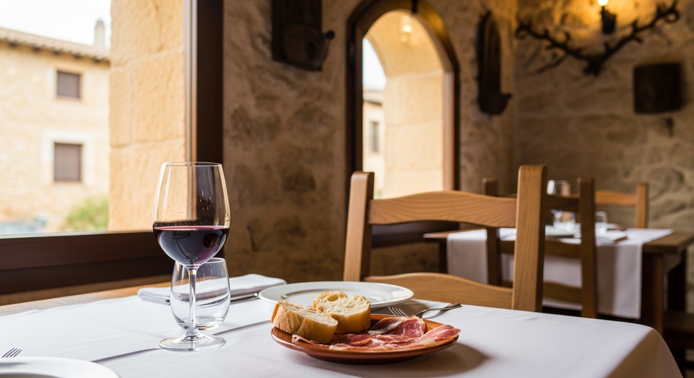 Mesa con platos de cocina castellana tradicional en restaurante de Chinchón, menú fin de semana