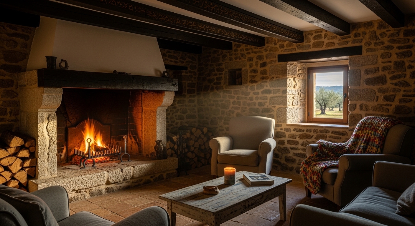 Interior con chimenea encendida en alojamiento rural cerca de Madrid, atmósfera acogedora en heart & ponie Chinchón