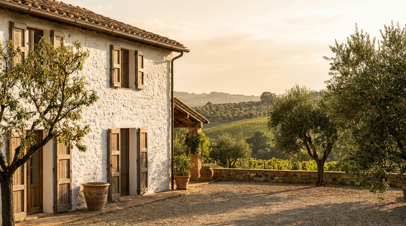 Casa rural de piedra encalada cerca de Madrid con olivos y vistas al campo de Chinchón