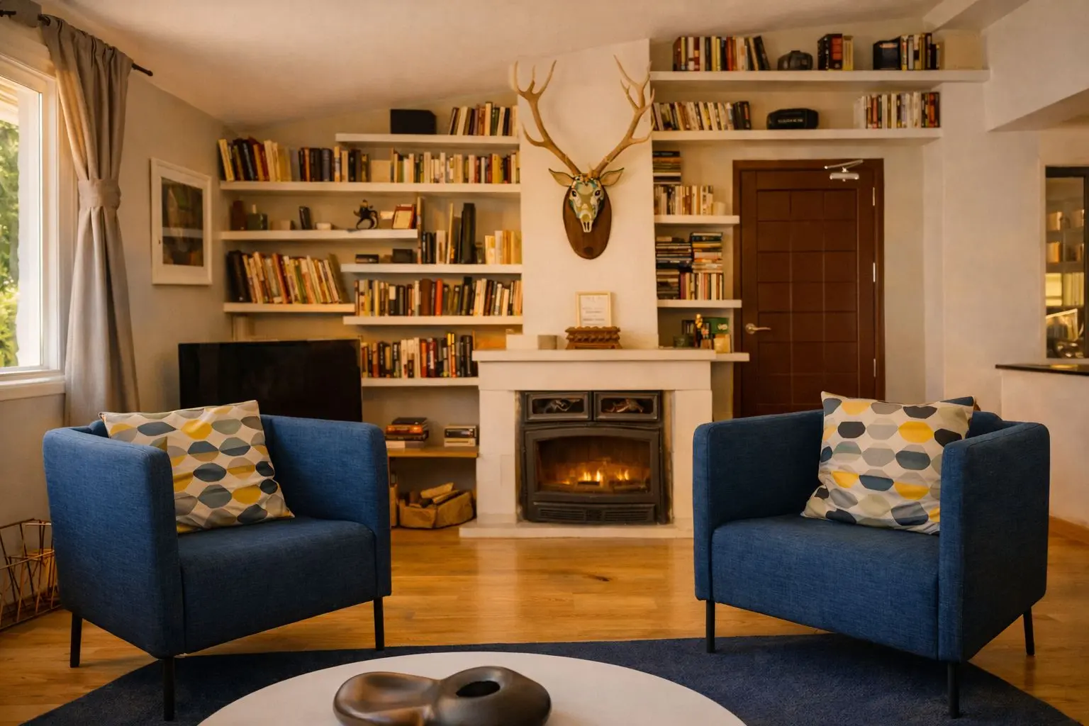 Salón con chimenea encendida del Loft Rural de heart & ponie, a 5 minutos de Chinchón, para una escapada de otoño